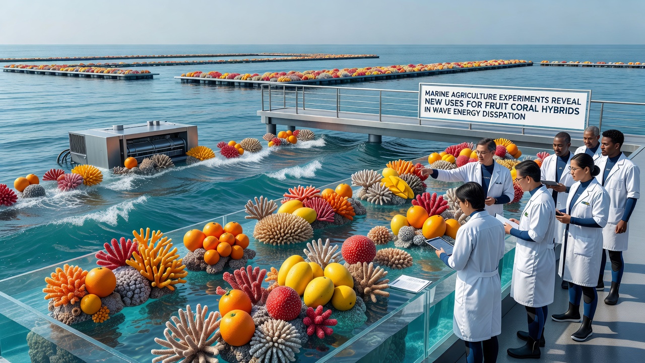 Aerial view of fruit coral hybrid installations along a coastline demonstrating wave pattern changes