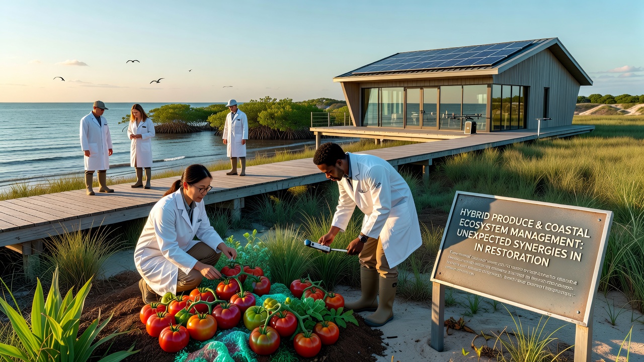 Researchers measuring biomass and soil retention in hybrid produce plots along a restored coastline